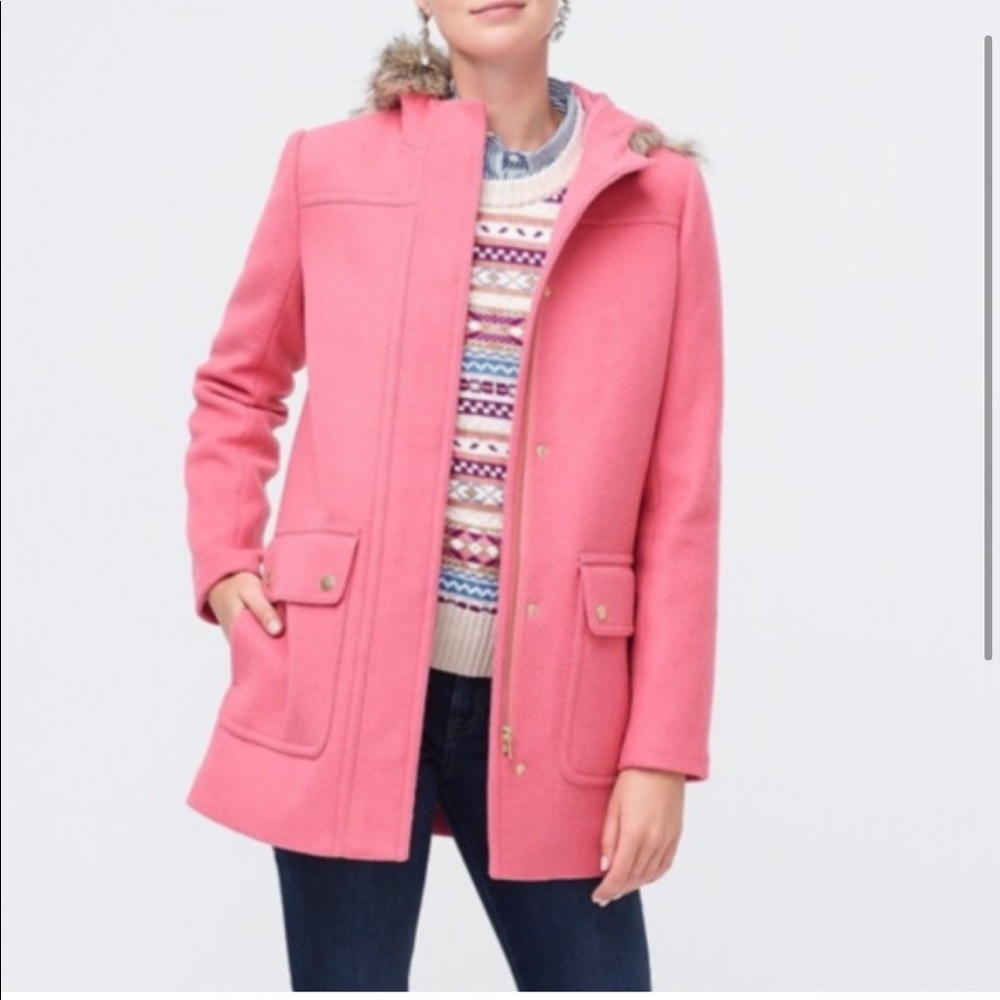 J.Crew Pea Coat Twead Zippered Button Fur Hooded Pink Coat Jacket size 2 - Picture 7 of 7